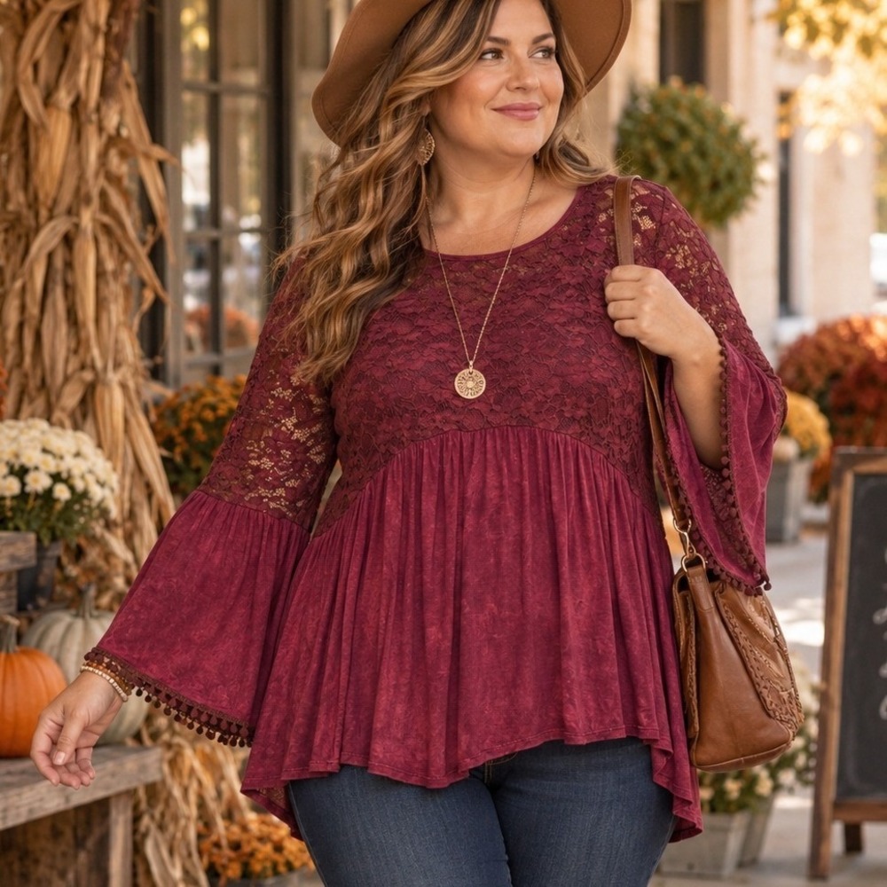 Signature Studio Blouse Burgundy Lace Bell Sleeve Boho Cottage Romantic Plus 1X